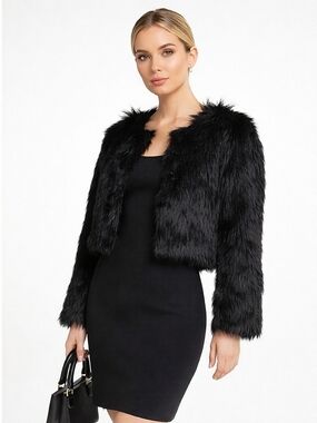 Paraphrase Black Faux Fur Cropped Jacket Glam Party Coat Size L